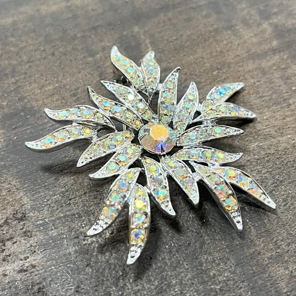 Vintage Sarah Coventry Silvertone AB Rhinestone Flower Silver Pin Brooch - Picture 5 of 7